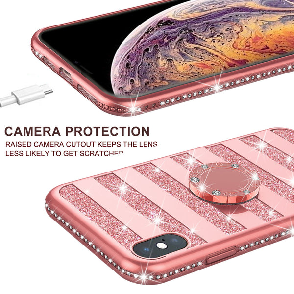 apple iphone xs glitter bling fashion 3 in 1 case - rose gold stripe - www.coverlabusa.com