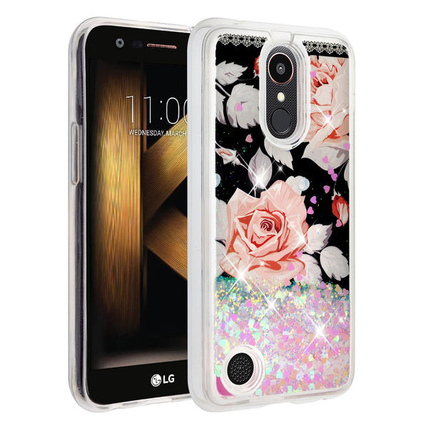 lg k20 plus  liquid sparkle quicksand case - teal(pink flower) - www.coverlabusa.com