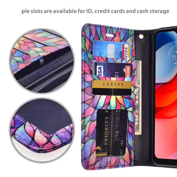 motorola moto g play 2021 wallet case - rainbow flower - www.coverlabusa.com