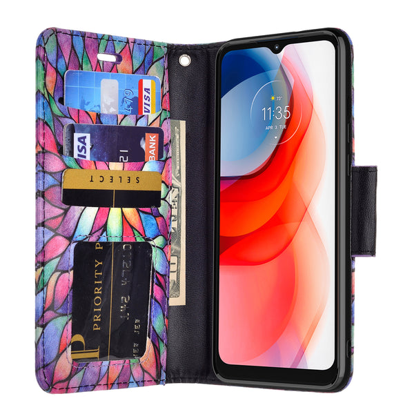 motorola moto g play 2021 wallet case - rainbow flower - www.coverlabusa.com