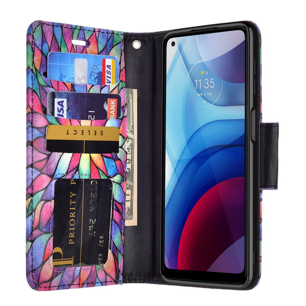 motorola moto g power 2021 wallet case - rainbow flower - www.coverlabusa.com