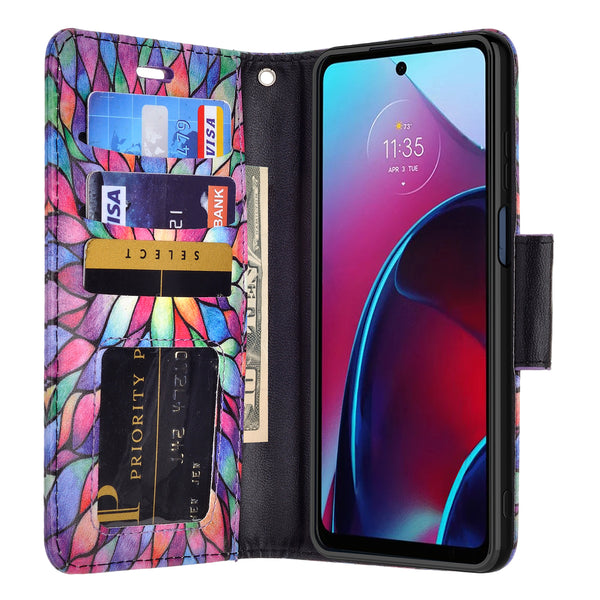 motorola moto g stylus 5g 2022 wallet case - rainbow flower - www.coverlabusa.com