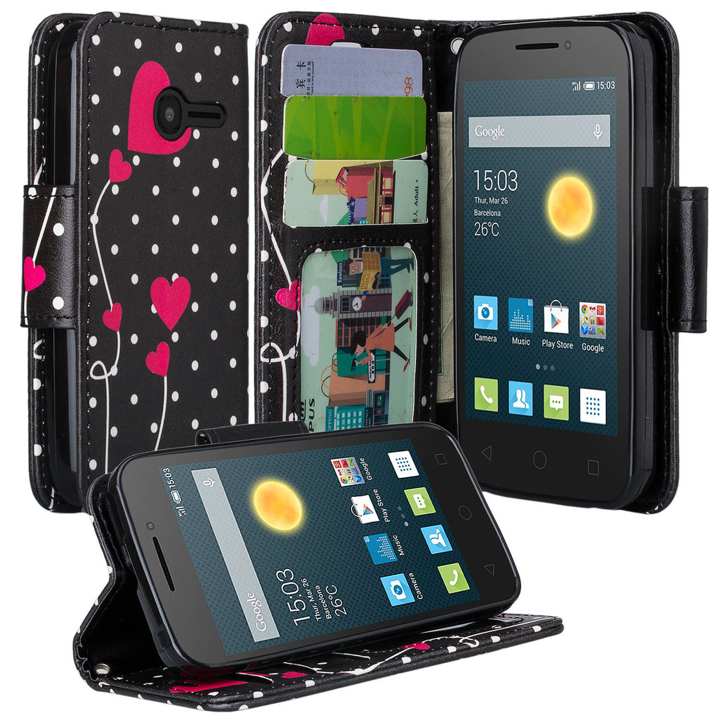 Alcatel Onetouch Pixi Plusar Pu leather wallet case - polka dot hearts - www.coverlabusa.com