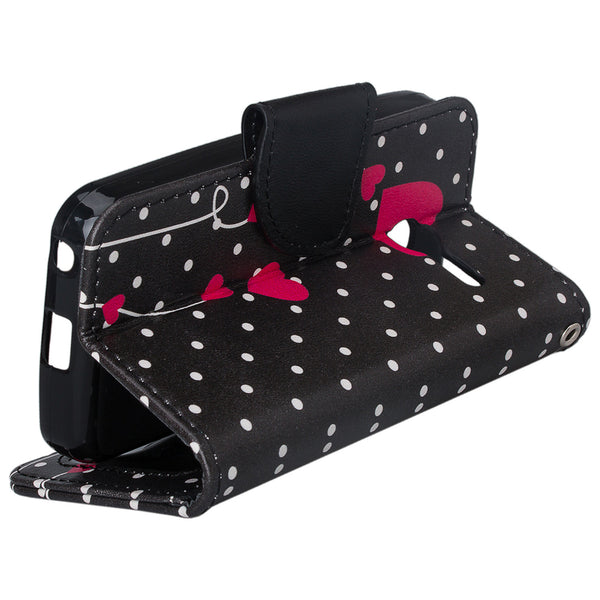 Alcatel Onetouch Pixi Plusar Pu leather wallet case - polka dot hearts - www.coverlabusa.com