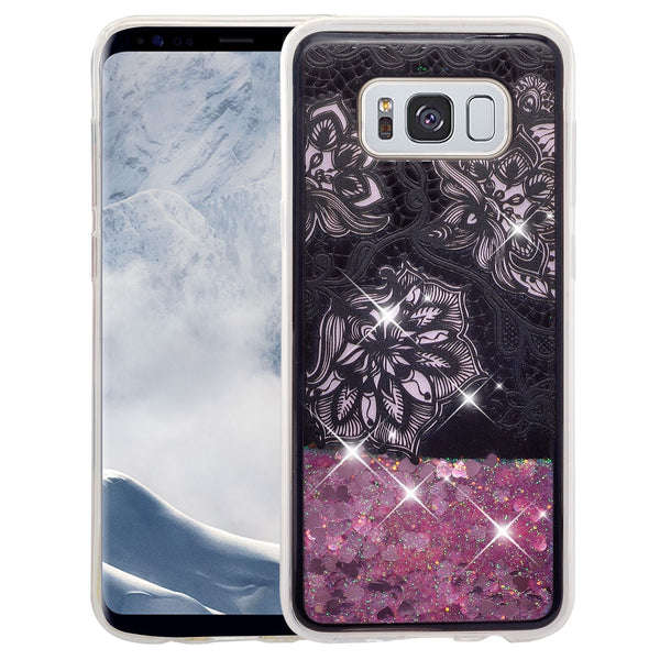 Samsung Galaxy S8 Plus Luxury Bling Liquid Glitter Case, Sparkle Quicksand Case Cover - Pink Flower Pink