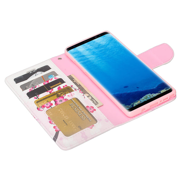 Samsung Galaxy Note 8 Case, Galaxy Note 8 Wallet Case, Slim Flip Folio [Kickstand] Pu Leather Wallet Case with ID & Card Slots & Pocket + Wrist Strap - Cherry Blossom