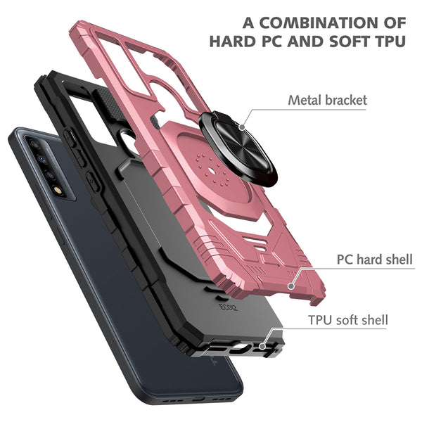 ring car mount kickstand hyhrid phone case for tcl 20 a 5g/4x 5g - rose gold - www.coverlabusa.com