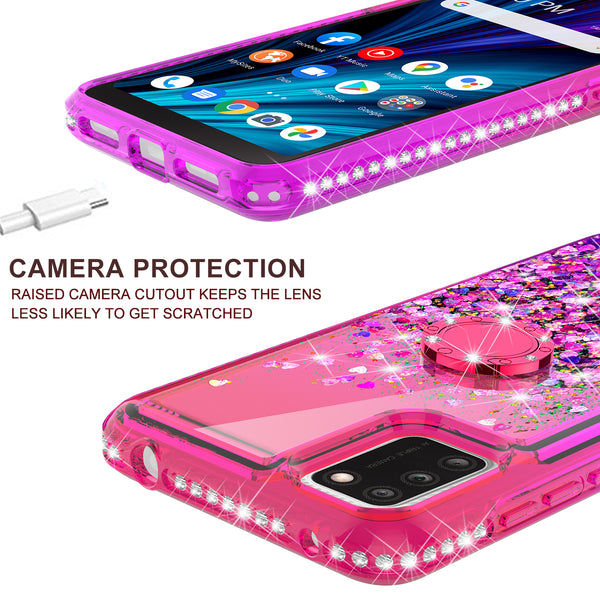Glitter Phone Case Kickstand Compatible for TCL A3X Case, TCL A3X Case,Ring Stand Liquid Floating Quicksand Bling Sparkle Protective Girls Women for TCL A3X W/Temper Glass - (Hot Pink/Purple Gradient)