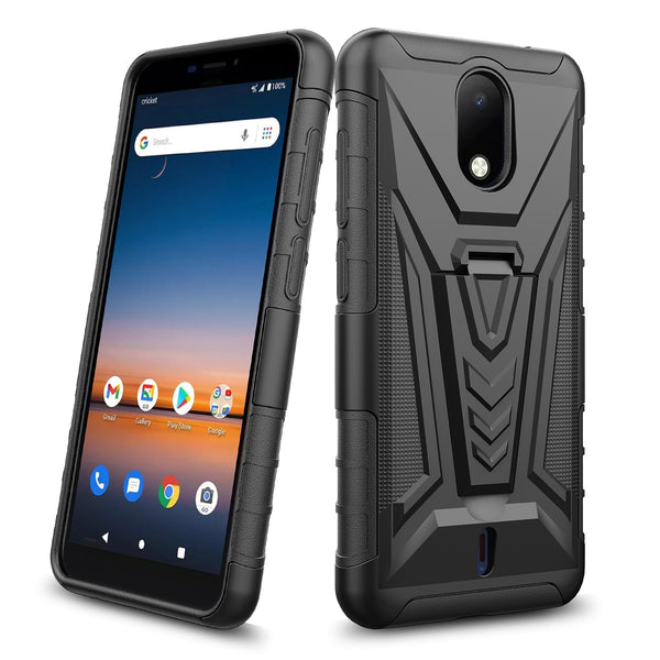 holster kickstand hyhrid phone case for cricket debut - black - www.coverlabusa.com