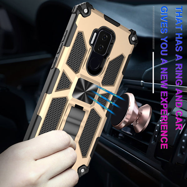 ring car mount kickstand hyhrid phone case for cricket influence - gold - www.coverlabusa.com