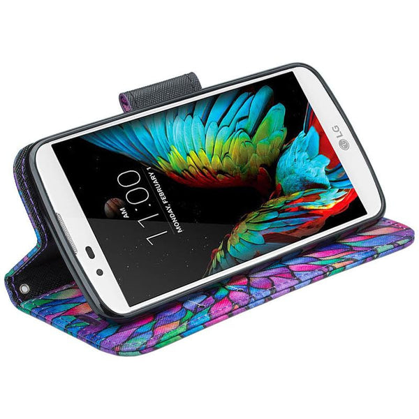 LG K8, Phoenix 2, Escape 3 Wallet Case, Wrist Strap [Kickstand] Pu Leather Wallet Case with ID & Credit Card Slots - Rainbow