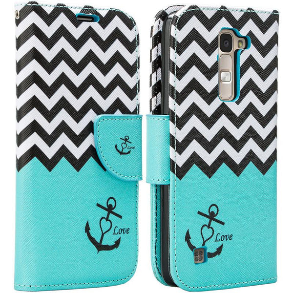 LG K7 / Tribute 5 / Treasure Wallet Case, Wrist Strap [Kickstand] Pu Leather Wallet Case with ID & Credit Card Slots - TEAL CHEVRON www.coverlabusa.com