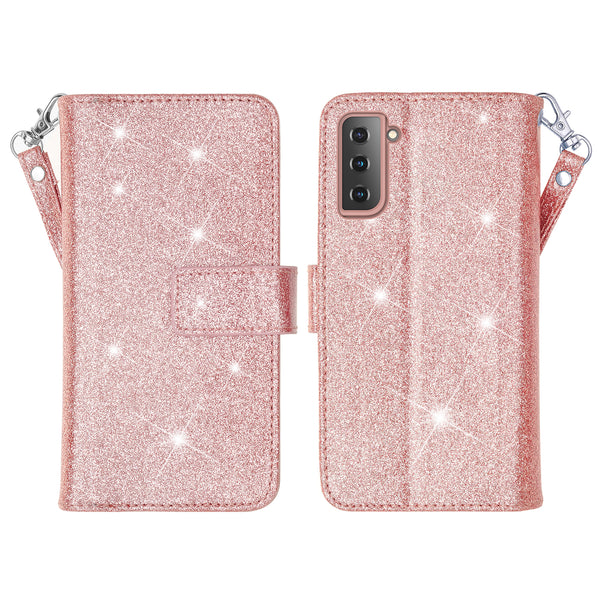 samsung galaxy s21 plus glitter wallet case - rose gold - www.coverlabusa.com