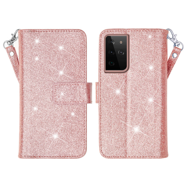 samsung galaxy s21 ultra glitter wallet case - rose gold - www.coverlabusa.com