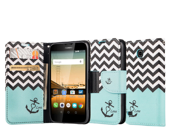 Huawei Union Wallet Case [Card Slots + Money Pocket + Kickstand] and Strap - Teal Anchor