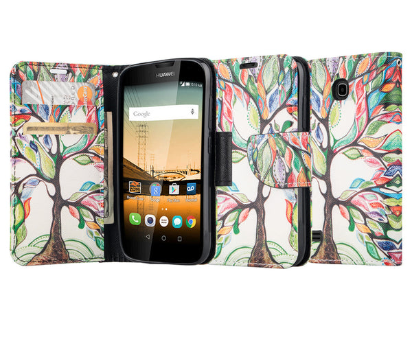 Huawei Union Wallet Case [Card Slots + Money Pocket + Kickstand] and Strap - Colorful Tree