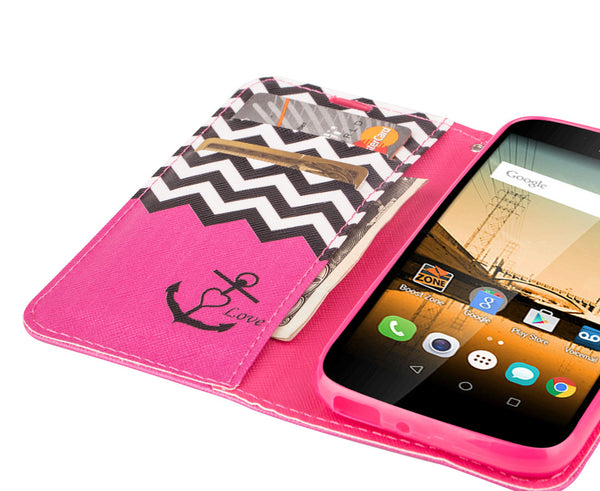 Huawei Union Wallet Case [Card Slots + Money Pocket + Kickstand] and Strap - Hot Pink Anchor
