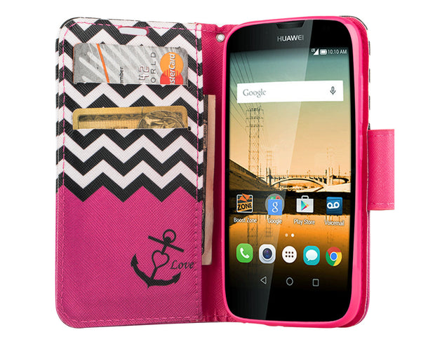 Huawei Union Wallet Case [Card Slots + Money Pocket + Kickstand] and Strap - Hot Pink Anchor