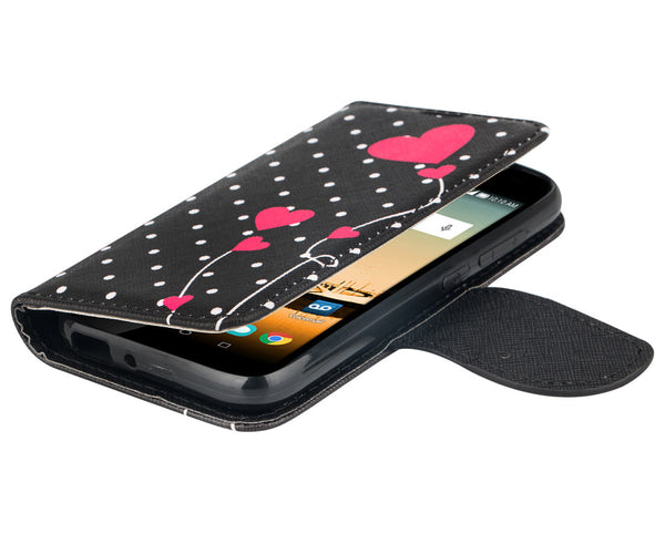 Huawei Union Wallet Case [Card Slots + Money Pocket + Kickstand] and Strap - Polka Dot Hearts