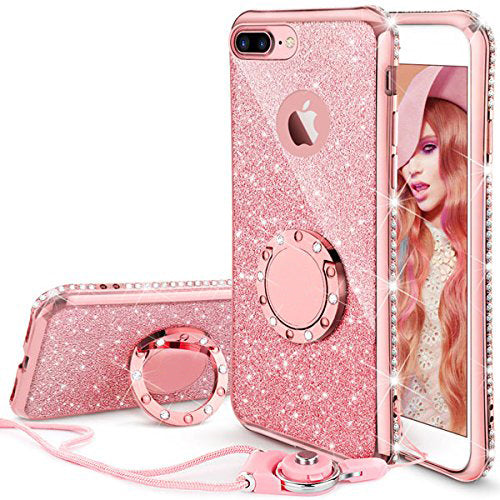 Apple iPhone 8, iPHone 7 Case, Slim Soft TPU Glitter Bling Rhinestone Crystal Protective Cover w/ Finger Ring Stand - WWW.COVERLABUSA.COM