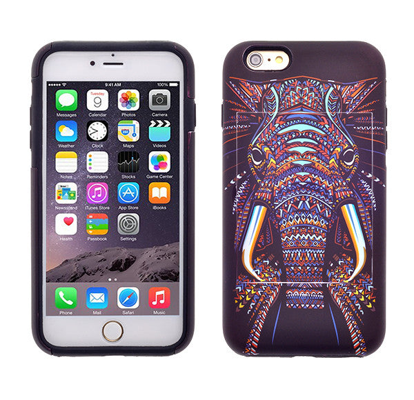Apple iPhone 6/6s Plus Dual Layer Credit Card Hybrid Case With Design, ID Holder with Kickstand - tribal elephant - www.coverlabusa.com