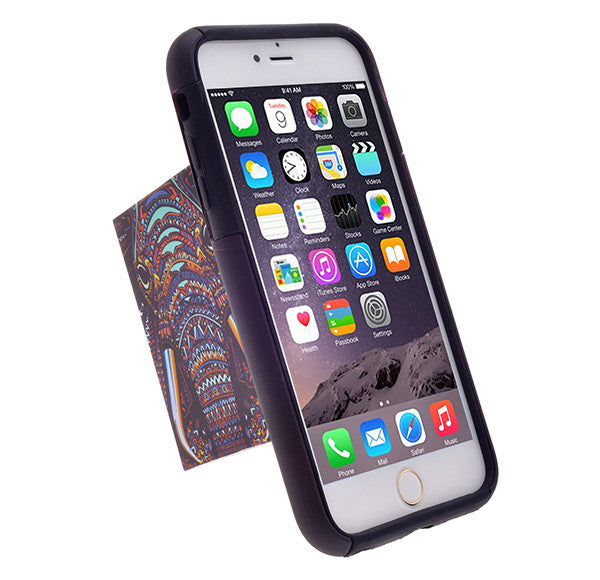 Apple iPhone 6/6s Plus Dual Layer Credit Card Hybrid Case With Design, ID Holder with Kickstand - tribal elephant - www.coverlabusa.com