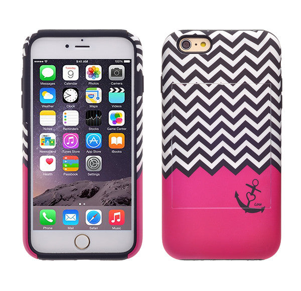 Apple iPhone 6/6s Plus Dual Layer Credit Card Hybrid Case With Design, ID Holder with Kickstand - Hot Pink Anchor - www.coverlabusa.com
