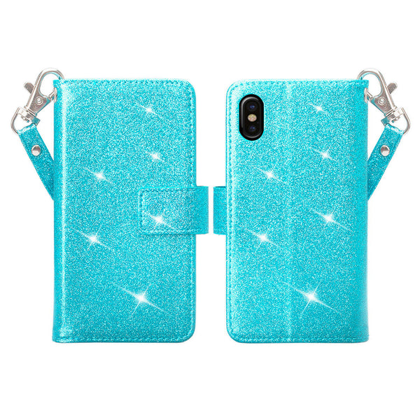 apple iphone x, iphone 10 glitter wallet case - teal - www.coverlabusa.com
