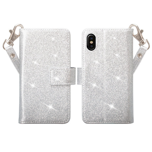 apple iphone x, iphone 10 glitter wallet case - silver - www.coverlabusa.com