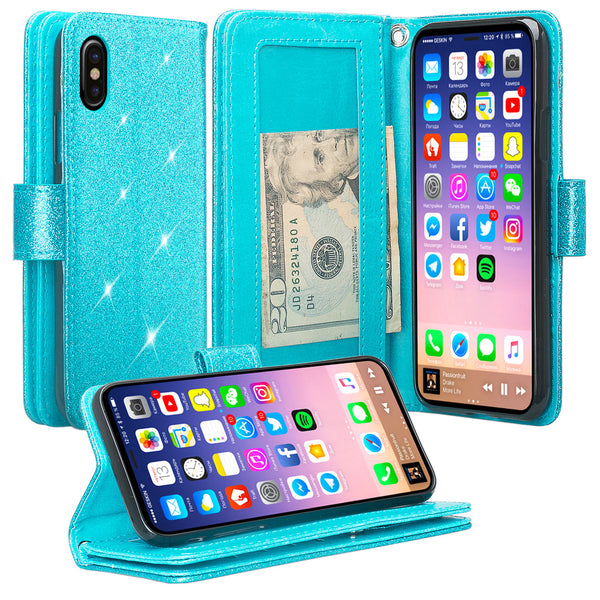 Apple iPhone X Glitter Wallet Case - Teal - www.coverlabusa.com