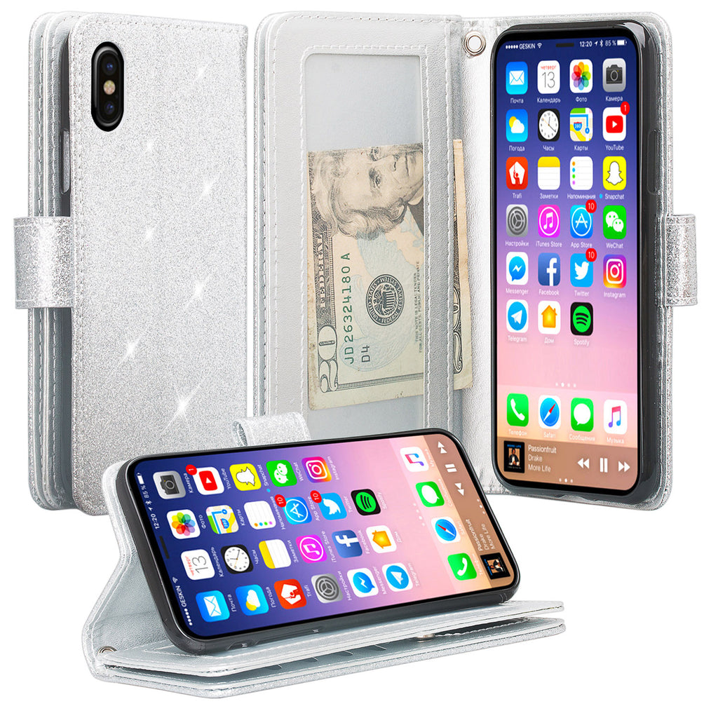 Apple iPhone X Glitter Wallet Case - Silver - www.coverlabusa.com