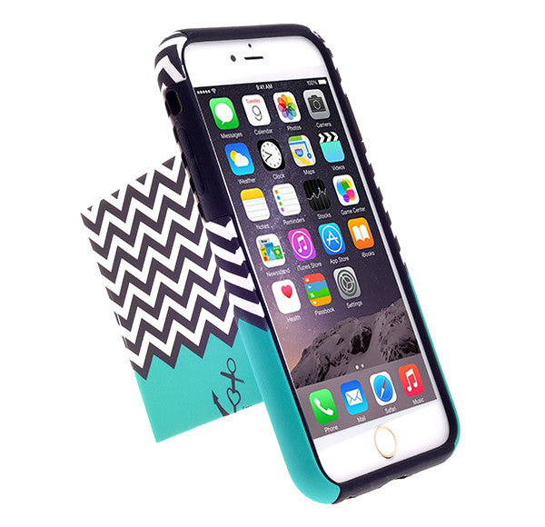 Apple iPhone 6/6s Plus Dual Layer Credit Card Hybrid Case With Design, ID Holder with Kickstand - Teal Anchor - www.coverlabusa.com