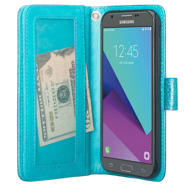Samsung Galaxy J3 Emerge | J3 (2017) | J3 Prime | Samsung SM-J327P Glitter Wallet Case - Teal - www.coverlabusa.com