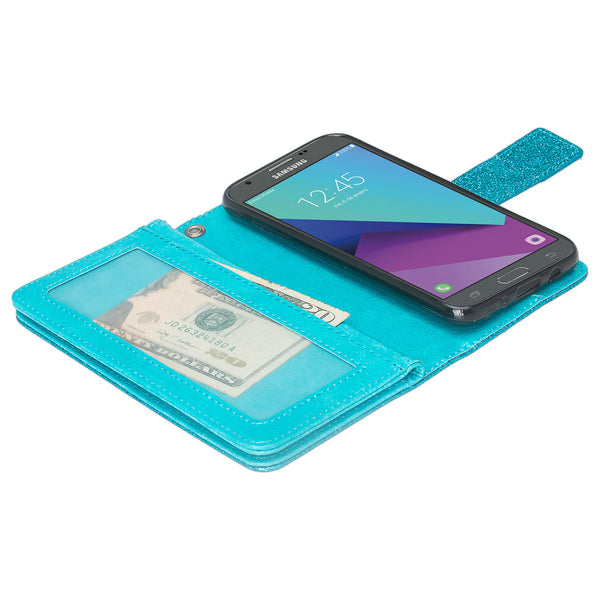 Samsung Galaxy J3 Emerge | J3 (2017) | J3 Prime | Samsung SM-J327P Glitter Wallet Case - Teal - www.coverlabusa.com