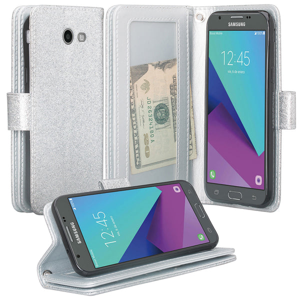 Samsung Galaxy J3 Emerge | J3 (2017) | J3 Prime | Samsung SM-J327P Glitter Wallet Case - Silver - www.coverlabusa.com