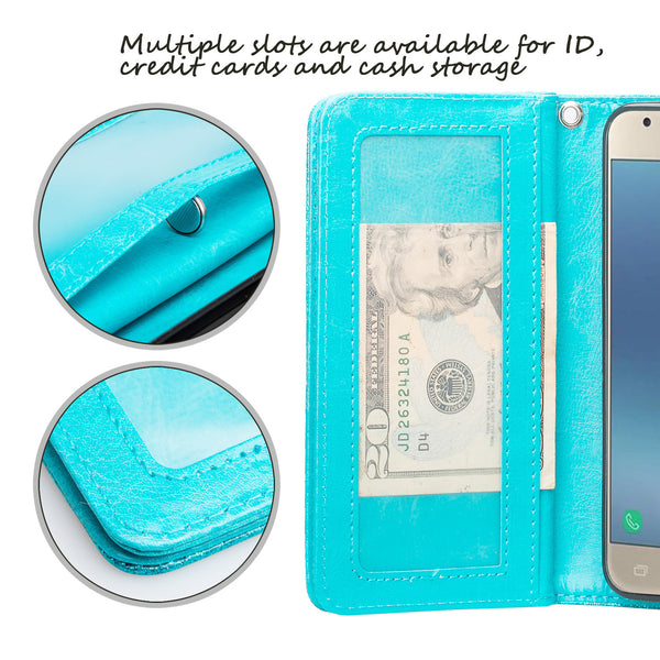 Samsung Galaxy J7 (2018) Glitter Wallet Case - Teal - www.coverlabusa.com
