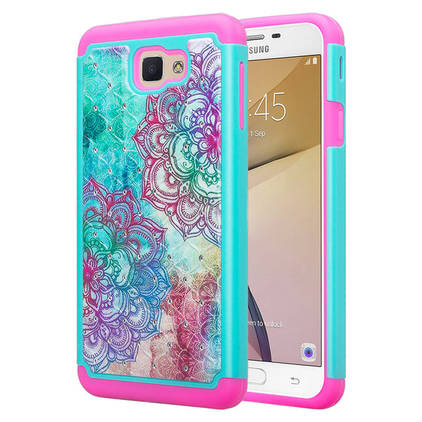 galaxy j7 prime diamond rhinestone case - teal flower - www.coverlabusa.com