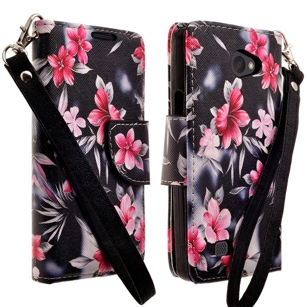 LG Lancet Wallet Case [Card Slots + Money Pocket + Kickstand] and Strap - Pink Flower