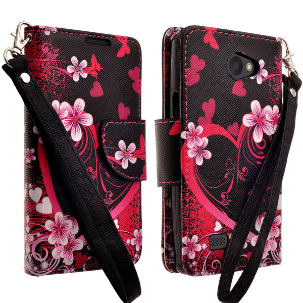 LG Lancet Wallet Case [Card Slots + Money Pocket + Kickstand] and Strap - Heart Butterflies