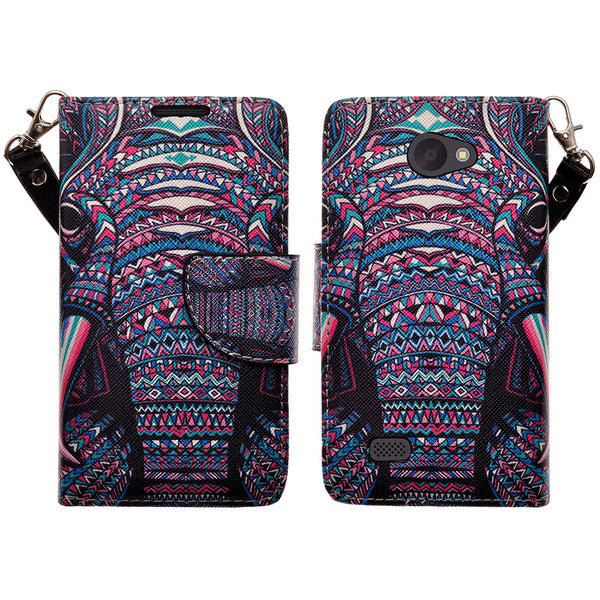 LG Lancet Wallet Case [Card Slots + Money Pocket + Kickstand] and Strap - Tribal Elephant