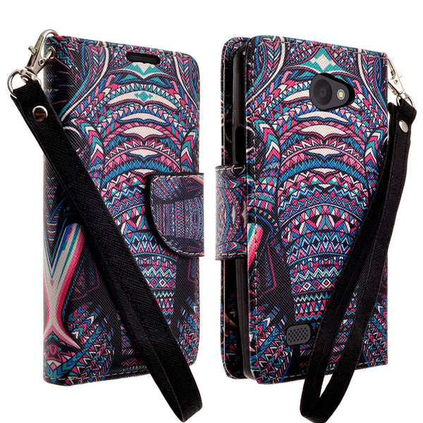 LG Lancet Wallet Case [Card Slots + Money Pocket + Kickstand] and Strap - Tribal Elephant