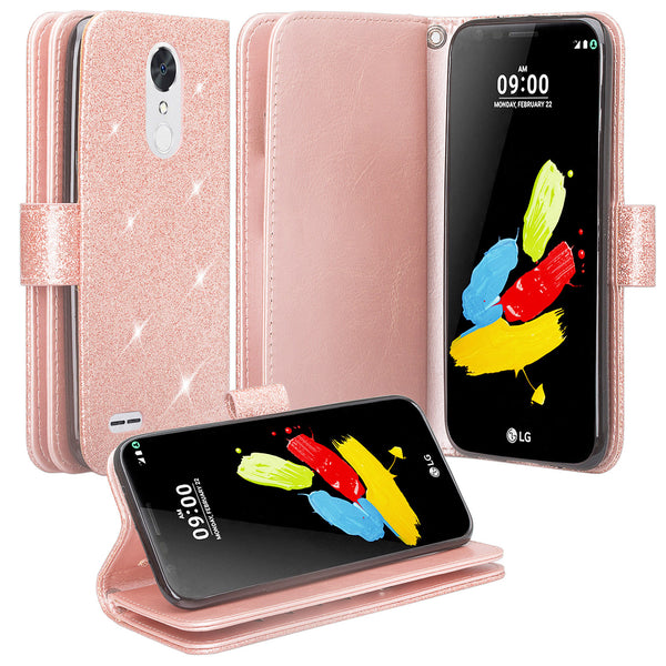 LG K20 Plus Case, LG K20 V, K10 2017 Glitter Wallet Case - Rose Gold - www.coverlabusa.com