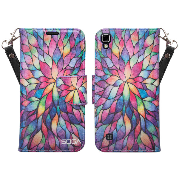 LG X Power Case, Wrist Strap Magnetic Fold[Kickstand] Pu Leather Wallet Case with ID & Credit Card Slots for LG X Power - Rainbow Flower