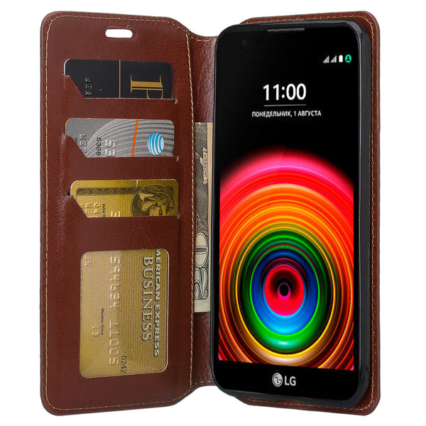 lg x power pu leather wallet case - brown - www.coverlabusa.com