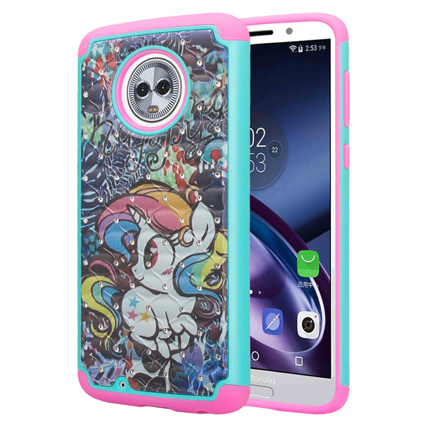 motorola moto g6 case crystal rhinestone - rainbow unicorn - www.coverlabusa.com