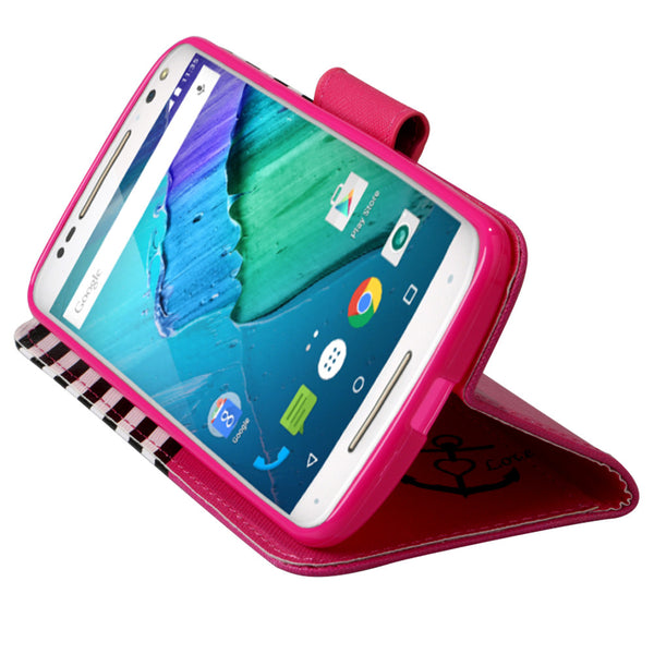 Motorola Moto X Style Wallet Case [Card Slots + Money Pocket + Kickstand] and Strap - Hot Pink Anchor