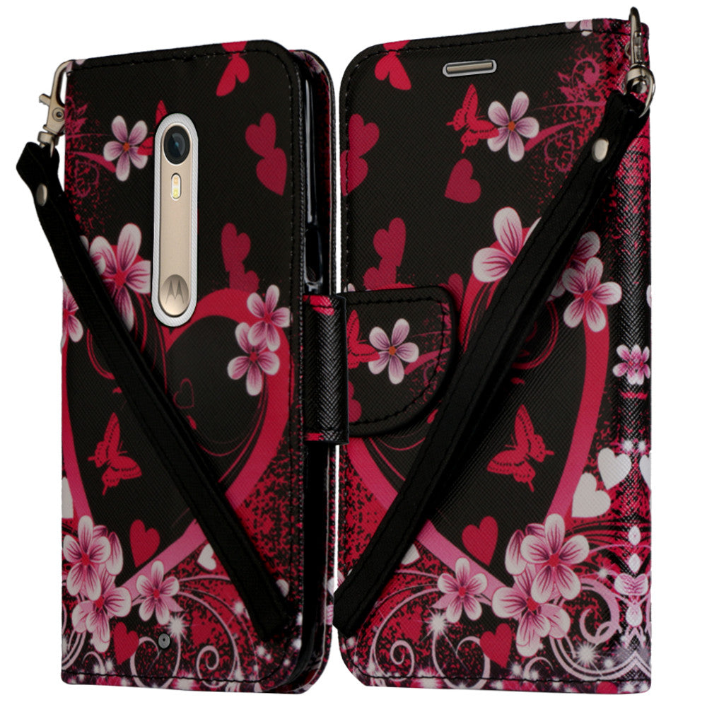 Motorola Moto X Style Wallet Case [Card Slots + Money Pocket + Kickstand] and Strap - Heart Butterflies