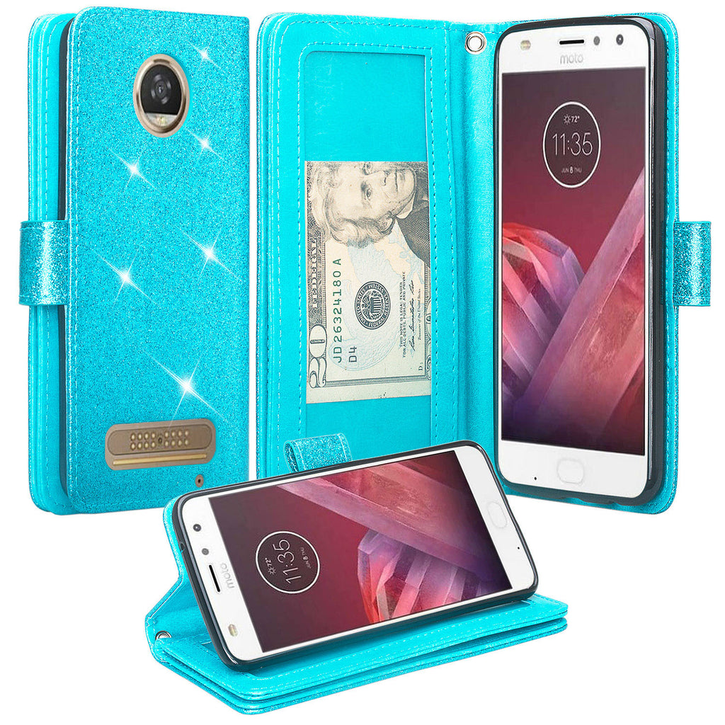 Motorola Moto Z2 Play Glitter Wallet Case - Teal - www.coverlabusa.com