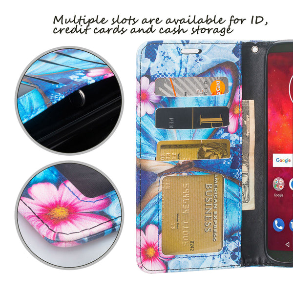 Motorola Moto Z3 Play leather wallet case - blue butterfly - www.coverlabusa.com