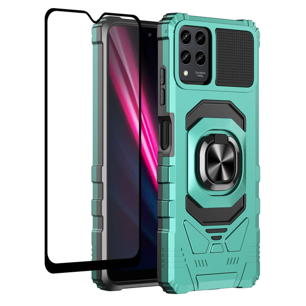 For T-Mobile REVVL 6 Pro 5G Case [Military Grade] Ring Car Mount Kickstand w/[Tempered Glass] Hybrid Hard PC Soft TPU Shockproof Protective Case - Teal